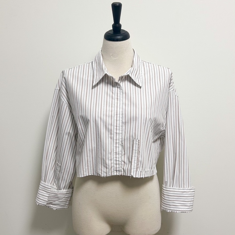 Zara White Taupe Stripe Button Up Distressed Raw Hem Collar Crop Top New Large
